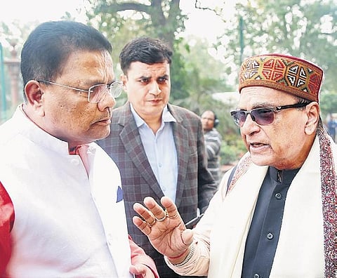 Congress MP from Assam Ripun Bora with party MP from West Bengal Pradip Bhattacharya at Parliament House in New Delhi on Thursday | shekhar yadav