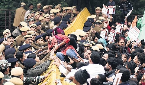 Police stop protesters, who had gathered for DCW march, from moving ahead at ITO in New Delhi on Thursday | Parveen Negi