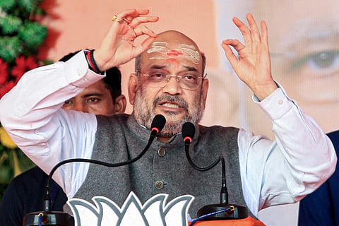 Union Home Minister Amit Shah addresses an election campaign rally  in Deoghar district of Jharkhand. (Photo | PTI)