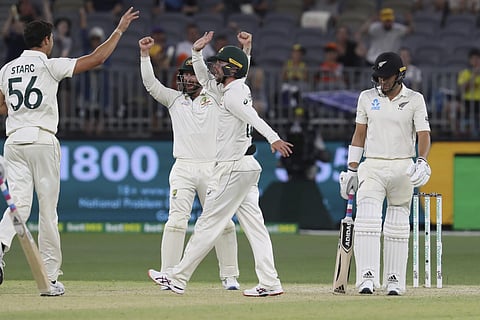 From left, Australia's Mitchell Starc, Travis Head and Matthew Wade celebrate the fall of New Zealand's Neil Wagner wicket, during play in their cricket test in Perth, Australia, Sunday, Dec. 15, 2019. (Photo | AP)