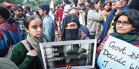 Protesters at a rally against the amended citizenship law near the Jantar Mantar in New Delhi on Saturday. (Photo | Shekhar Yadav)