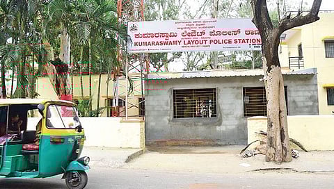 The previous entrance of Kumaraswamy Layout police station on the  14th Main Road lies shut on Saturday | Vinod Kumar T