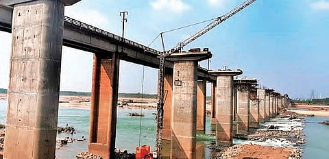 A new bridge being constructed across Godavari in Bhadrachalam