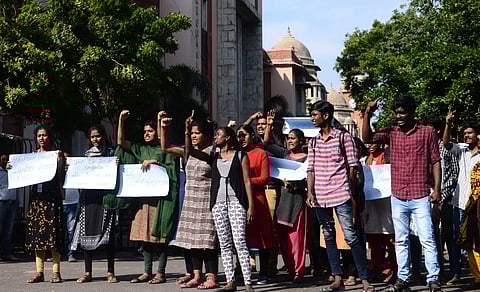 Students of University of Madras protest against CAB NRC and recent atrocity of police upon students of Jamia MiLlia Islamia University in Delhi while protesting peacefully at University of Madras in Chennai on Monday. (Photo | EPS)