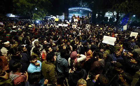 Students and other protest against the police action against students of the Jamia Millia Islamia University. at PHQ in New Delhi. (Photo | PTI)