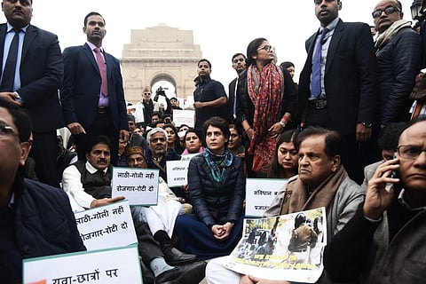 Congrats senior leader Priyanka Gandhi along with other senior leader sit a peaceful protest at Historical India Gate in New Delhi on Monday. (Photo | EPS/Parveen Negi)