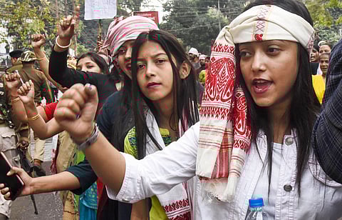 AASU supporters raise slogans during their Gana Saityagrah protest against Citizenship Amendment Act in Guwahati Dec. 16 2019. (Photo | PTI)