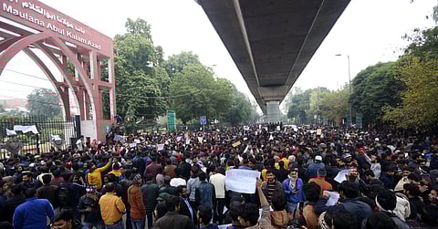 Jamia Millia Islamia university Students gather for a protest against the Citizenship Amendment Act and Sunday's alleged police crackdown in the University in New Delhi on Monday December 16 2019. (Photo | Shekhar Yadav/EPS)