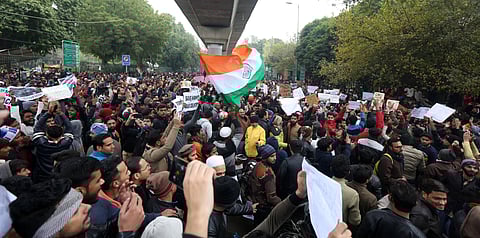 Jamia Millia Islamia university Students gather for a protest against the Citizenship Amendment Act and Sunday's alleged police crackdown in the University in New Delhi on Monday December 16 2019. (Photo | Shekhar Yadav/EPS)