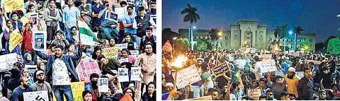 Students from Osmania University, Tata Institute of Social Sciences, English and Foreign Languages University and University of Hyderabad protest against CAA and NRC at Arts College, Osmania University in Hyderabad on Tuesday | Vinay Madapu