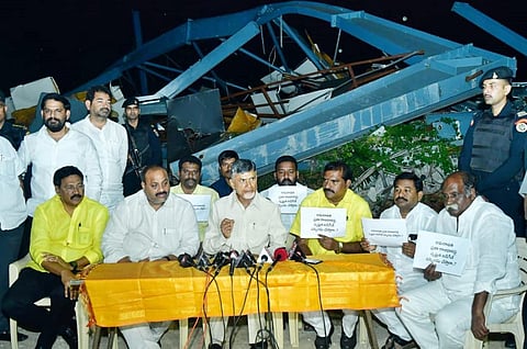 TDP chief N Chandrababu Naidu speaks to the media at the place where 'Praja Vedika' was demolished near Vijayawada on Tuesday. (Photo | EPS)