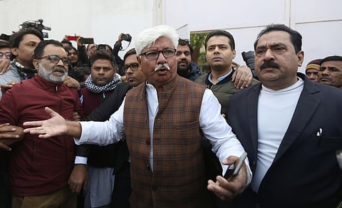 Former Congress MLA Asif Khan speaks to media personnel as he arrives at Jamia Nagar Police Station in New Delhi on Wednesday| Arun Kumar