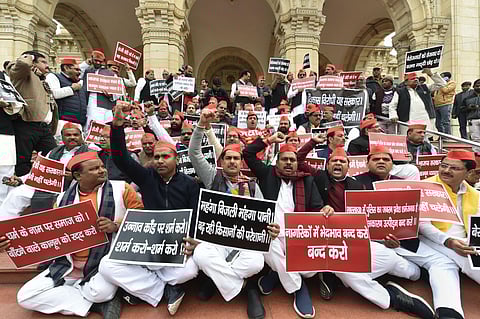 Samajwadi Party leaders protest against Citizenship Amendment Act (CAA) at Vidhan Sabha premises, in Lucknow. (Photo | PTI)