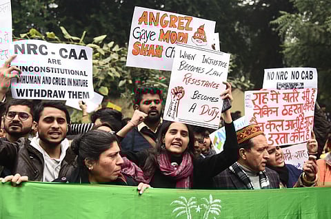 Students protesting against the CAA at Jantar mantar area in New Delhi. (Photo | Parveen Negi, EPS)