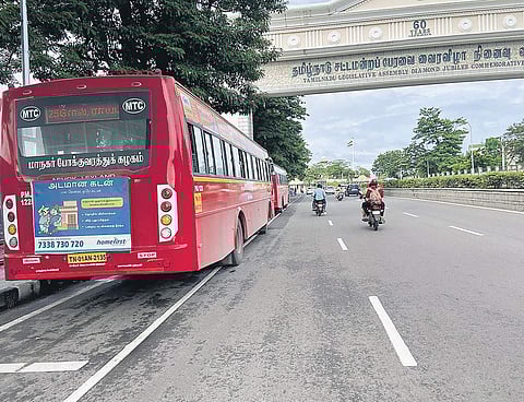 Buses parked in cycle lane near Anna Square on Rajaji Salai. This causes inconvenience to the cyclists and PwD. (Photo | Omjasvin MD, EPS)