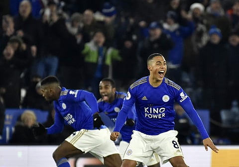 Leicester City players celebrate after Leicester's Kelechi Iheanacho scoring his side's second goal during the English Premier League soccer match between Leicester City and Everton at the King Power Stadium in Leicester, England, Sunday, Dec. 1, 2019. (P