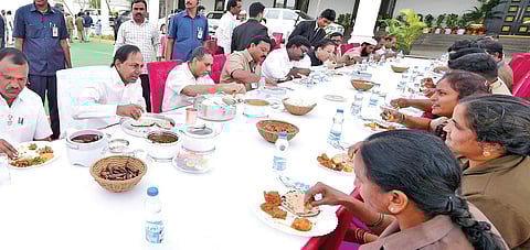 CM KCR speaks during a luncheon with the RTC employees at Pragathi Bhavan in Hyderabad on Sunday.
