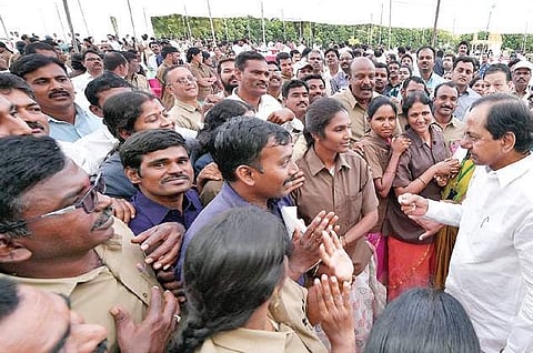 Chief Minister K Chandrasekhara Rao speaks to the TSRTC employees at Pragathi Bhavan in Hyderabad.