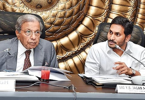 M Jagan and 15th finance panel chief NK Singh at a meeting on Thursday. (Photo | EPS)
