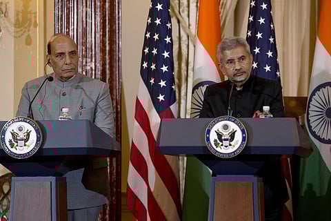 Indian External Affairs Minister Dr. S. Jaishankar, right, and Defense Minister Shri Rajnath Singh, speak during a news conference after a bilateral meeting the U.S. and India at the Department of State in Washington, Wednesday, Dec. 18, 2019. (Photo | AP