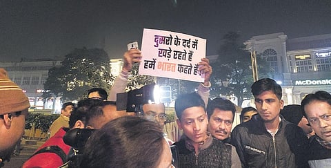 Supporters of the Citizenship Amendment Act (CAA) during a rally at Connaught Place on Friday. (Photo | EPS)