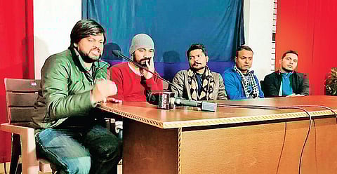 Activists Kamesh, Pradeep Narwal, Prashant Kanojia and Sushil Gautam at the press conference held on Saturday. (Photo | PTI)