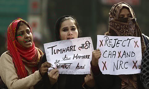 Protestors including students and local residents during a demonstration against the Citizenship Amendment Act CAA outside Jamia Millia Islamia University . (Photo | Arun Kumar P/EPS)