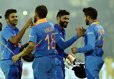 Team India celebrates the ODI victory. (Photo| PTI)