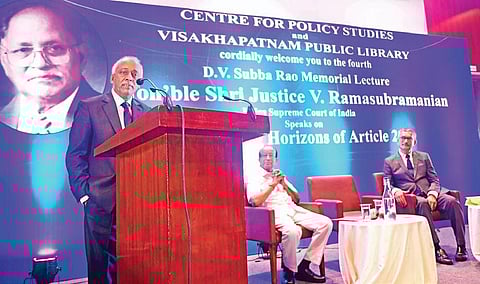 Supreme Court judge Justice V Ramasubramaniam delivering DV Subba Rao memorial lecture in Visakhapatnam on Saturday.  (Photo | EPS)