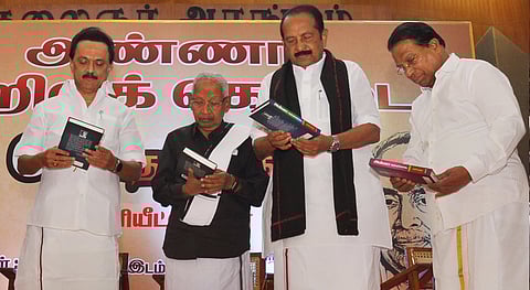 DMK President MK Stalin and Dravida Kazhgam party leader Veeramani during the book launch of Sppech and Writings of Annadurai at Kalaignar Arangam in Anna Arivalayam on Saturday. Express/ Ashwin Prasath