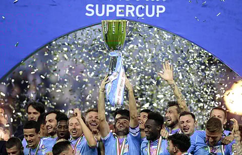 Lazio players celebrate after winning the Italian Super Cup against Juventus at King Saud University Stadium, in Riyadh, Saudi Arabia. (Photo | AP)