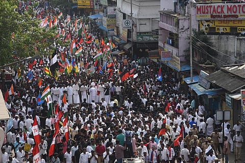 Several political leaders take part in a rally condemning CAA, at egmore in Chennai on Monday (Photo | EPS/ Satish babu)
