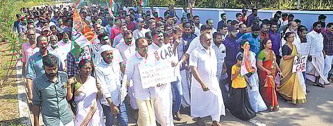 Congress workers marching to the CRPF camp in Pallipuram, Thiruvananthapuram, in protest against the Citizenship (Amendment) Act on Sunday. (Photo | B P Deepu, EPS)