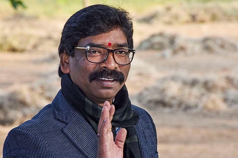 Jharkhand CM-designate Hemant Soren gestures as JMM-Congress alliance lead in the Jharkhand Assembly Election results in Ranchi (Photo| PTI)
