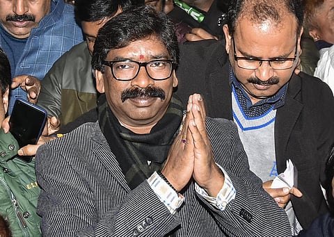 Jharkhand Mukti Morcha JMM working president Hemant Soren addresses a press conference as JMM and Congress alliance lead in the Jharkhand Assembly election results in Ranchi Monday Dec. 23 2019. (Photo | PTI)