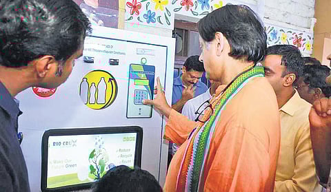 Shashi Tharoor MP launching the Plastic Bottle Recycling unit at Central Railway station on Monday