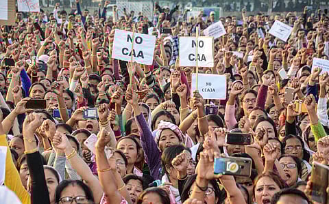 All Assam Students Union AASU supporters stage a protest rally against the amended Citizenship Act in Dibrugarh Tuesday. (Photo | PTI)