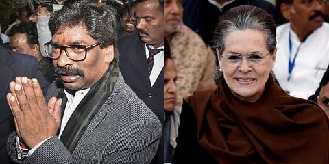 JMM leader Hemant Soren (L) and Sonia Gandhi (Photo| PTI)