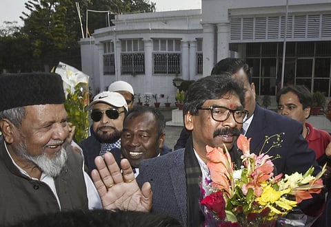 JMM working President Hemant Soren arrives for a party meeting in Ranchi Jharkhand Tuesday Dec. 24 2019. (Photo | PTI)
