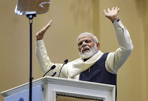 Prime Minister Narendra Modi addresses during the launch of the Atal Bhujal Yojana a mission to help in supplying water to every house-hold by 2024 at a function in New Delhi (Photo | PTI)