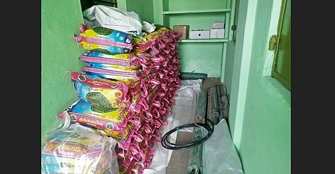 Sacks of rice used as bribe to buy the votes of villagers belonging to the Dalit community.