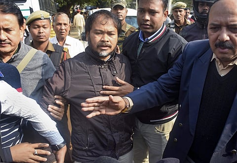 Krishak Mukti Sangram Samiti (KMSS) advisor Akhil Gogoi being produced at an NIA court in Guwahati. (Photo | PTI)