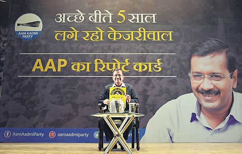 Chief Minister Arvind  Kejriwal addresses the town hall event at the Constitution Club in New Delhi on Thursday. (Photo | EPS)