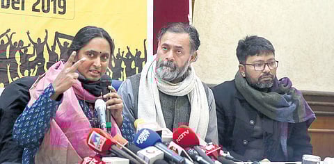 Communist Party of India (Marxist-Leninist) member Kavita Krishnan and Swaraj Abhiyan co-founder Yogendra Yadav during a media interaction on the amended Citizenship Act, at Press Club of India in New Delhi on Thursday. (Photo| EPS/SHEKHAR YADAV)