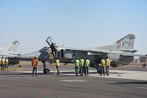 A MiG-27 aircraft prepares for a sortie during the de-induction ceremony of MiG-27 aircrafts at the Air Force Station Jodhpur Friday Dec. 27 2019. (Photo | PTI)