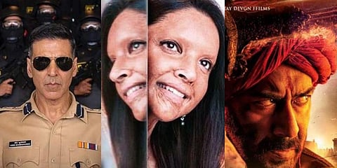 'Sooryavanshi', 'Chhapaak' and 'Tanhaji: The Unsung Warrior' posters.