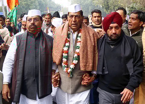 DPCC President Subhash Chopra participates in a march from DPCC office to Saheedi Park on the occassion of 135th foundation day of Indian National Congress INC in New Delhi (Photo| PTI)