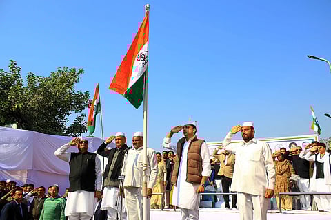 Rajasthan CM Ashok Ghelot, dy CMt Sachin Pilot and senior leader Avinash Pandey during the 134th Congress Party Foundation Day celebration at PCC in Jaipur (Photo| PTI)