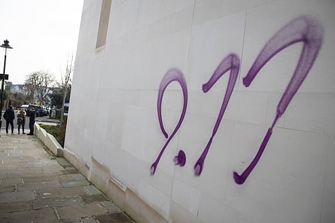 A view of anti-Semitic graffiti sprayed onto the outside of the South Hampstead Synagogue in North London (Photo| AP)