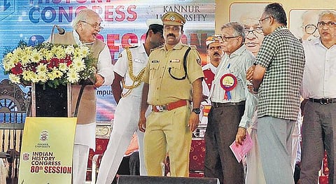Historian Irfan Habeeb, third right, argues with Kerala Governor Arif Mohammed Khan, left, at the inauguration of the  80th Indian History Congress at the Kannur University on Saturday. (Photo | EPS)